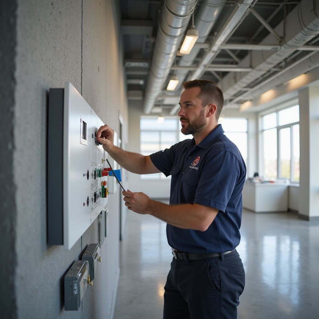 Man in blue shirt works on electrical panel mounted on a gray wall in an industrial setting.