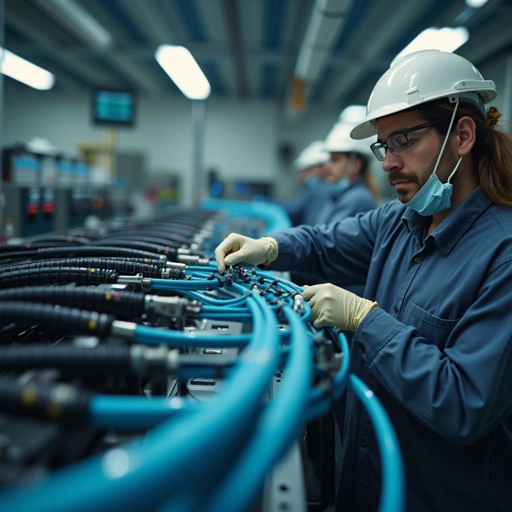 Factory worker in blue uniform and white helmet connecting blue tubes, wearing gloves and mask.