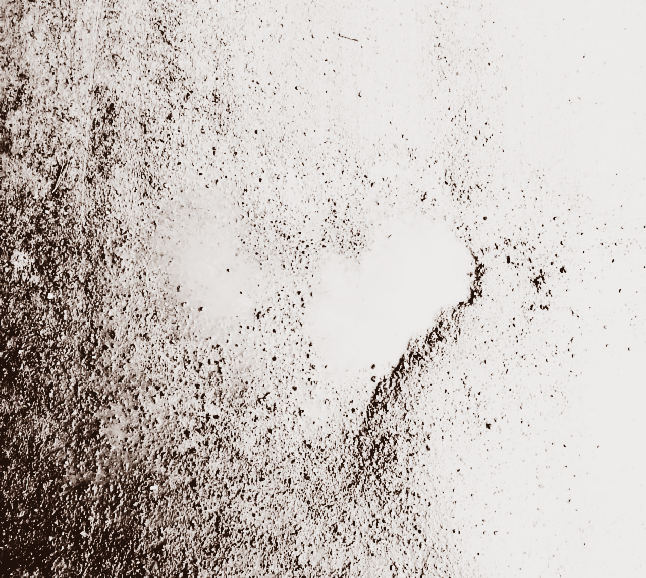 Close-up van een muur met donkerbruine verkleuring en kleine zwarte vlekjes; in het midden is een lichtere plek zichtbaar.