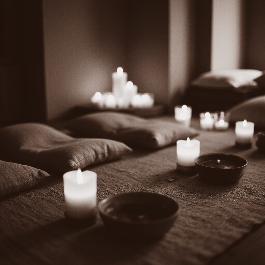 Een knusse kamer met brandende kaarsen, kussens en schalen, die een ontspannen sfeer creëren.