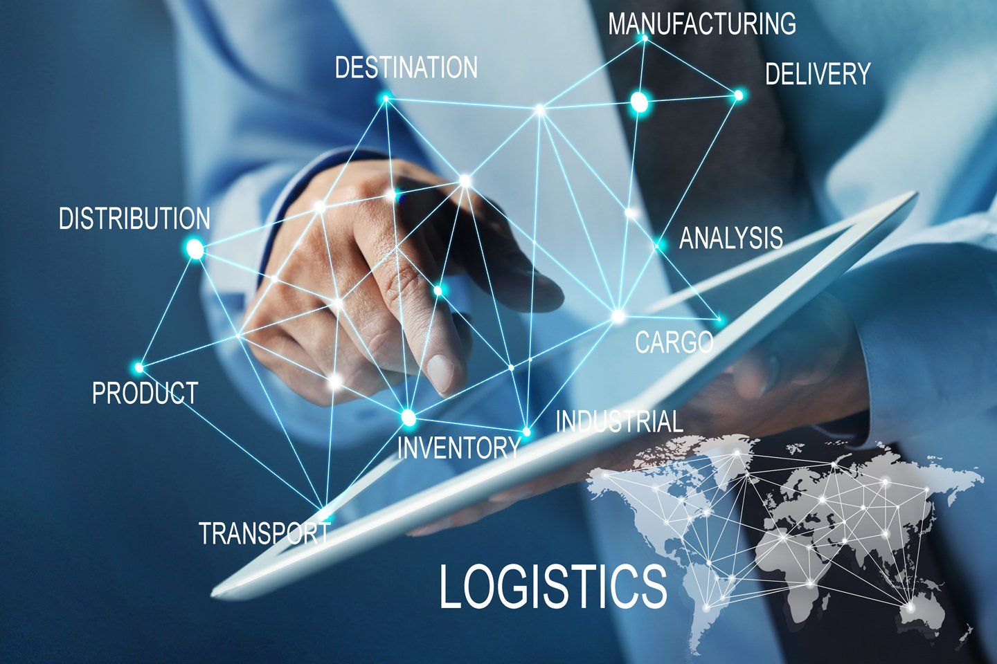 Hand using digital tablet over logistics network map with delivery, inventory, and distribution labels