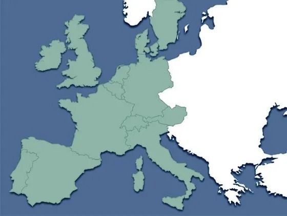 Map of Europe shaded green and blue, with country borders outlined.