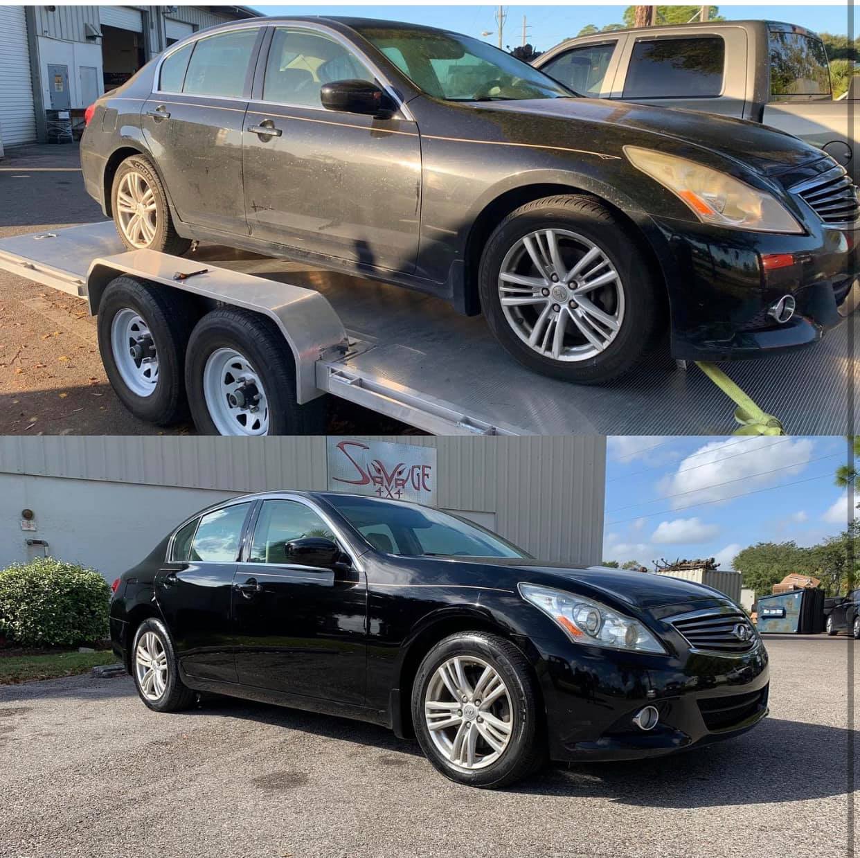 Black Infiniti G37 before and after detailing. Shows car on a tow truck, then clean and shiny.