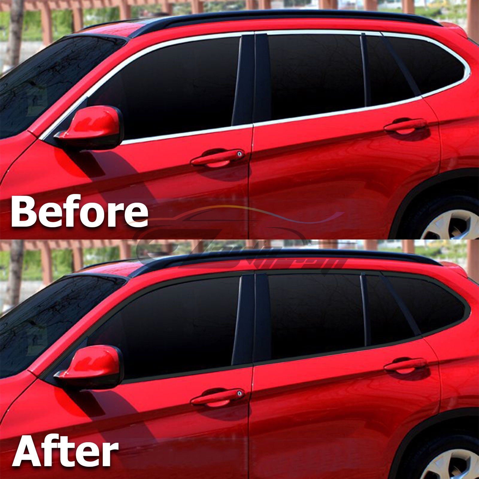 Red car's window trim before and after, showing a change from silver to black.