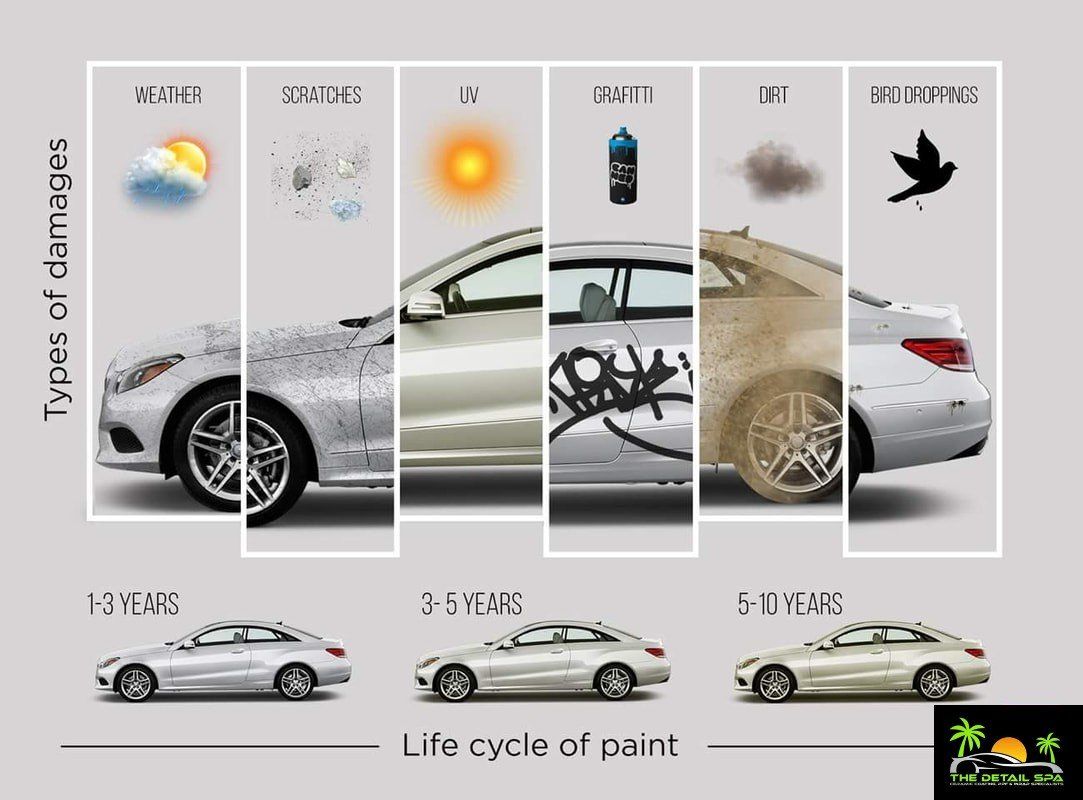 Car showing stages of damage: weather, scratches, sun, graffiti, dirt, bird droppings.
