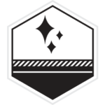 Badge with white top section containing three sparkles, and black bottom section.