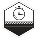 Hexagon icon with a stopwatch above a black and white striped bar.