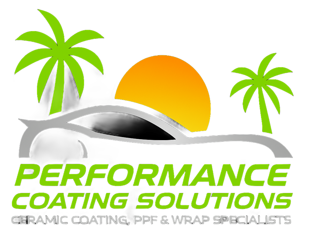 Logo: Silhouette car, palm trees, sun, and text "Performance Coating Solutions."