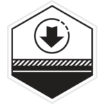 Hexagonal badge with downward arrow inside a circle, above a black road.