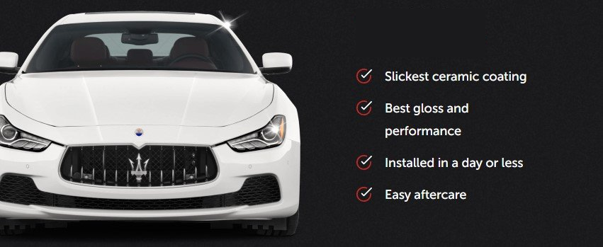 White Maserati car with ceramic coating benefits: slickest, best gloss, installed in a day, easy aftercare.