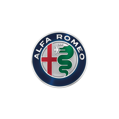 Alfa Romeo logo: a round emblem with a red cross, green serpent, and 