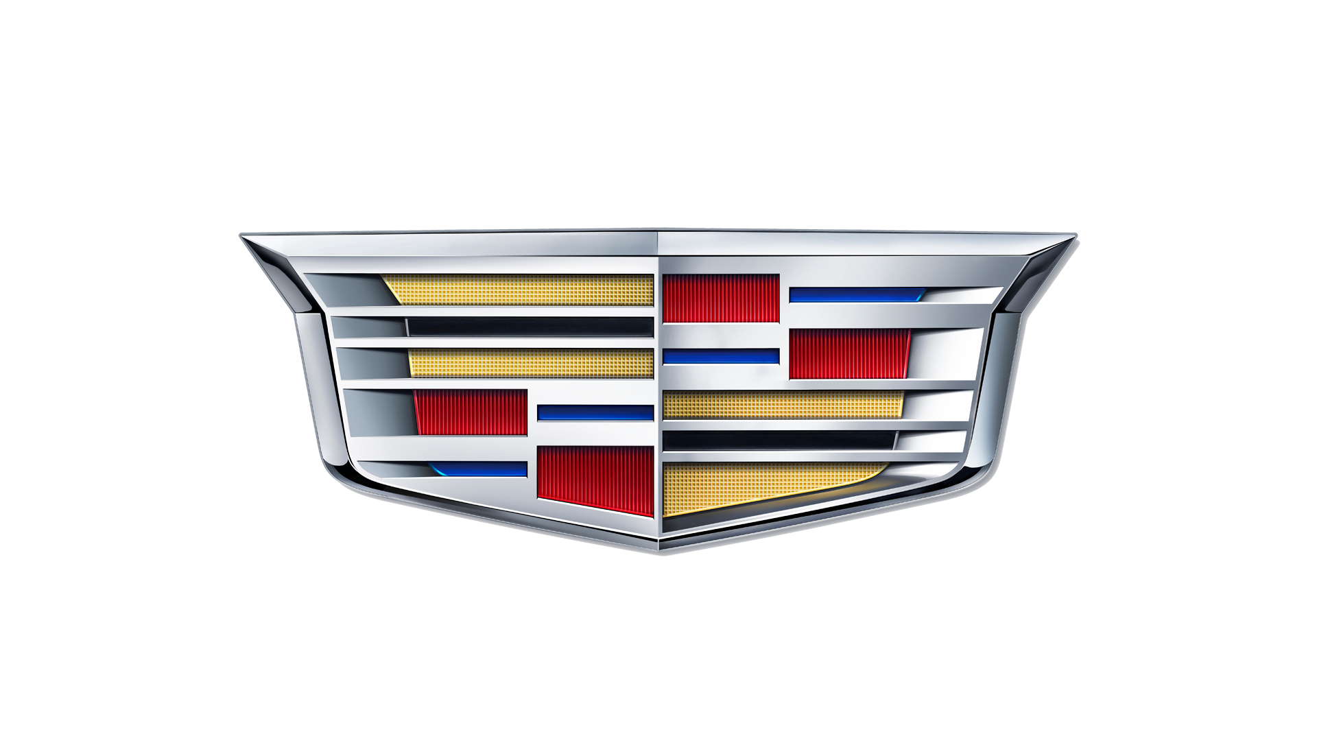 Cadillac logo: chrome shield with gold, red, and blue accents.