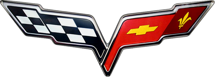 Corvette emblem with checkered flag and Chevrolet bowtie on a red background.