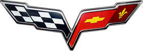 Corvette emblem with checkered flag and Chevrolet bowtie on a red background.