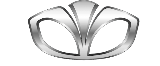 Daewoo logo, silver stylized floral emblem on white background.