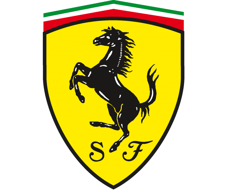 Yellow shield with black prancing horse, Italian flag on top, 