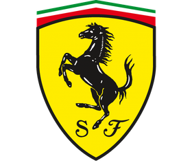 Yellow shield with black prancing horse, Italian flag on top, 