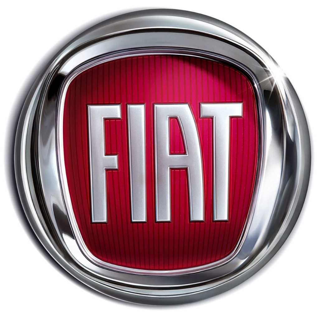 Fiat logo: chrome-rimmed square with red background and white 