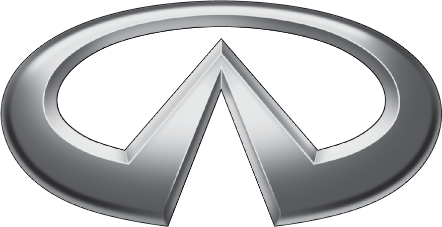 Infiniti logo, a stylized silver oval with a central inverted triangle.