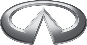 Infiniti logo, a stylized silver oval with a central inverted triangle.