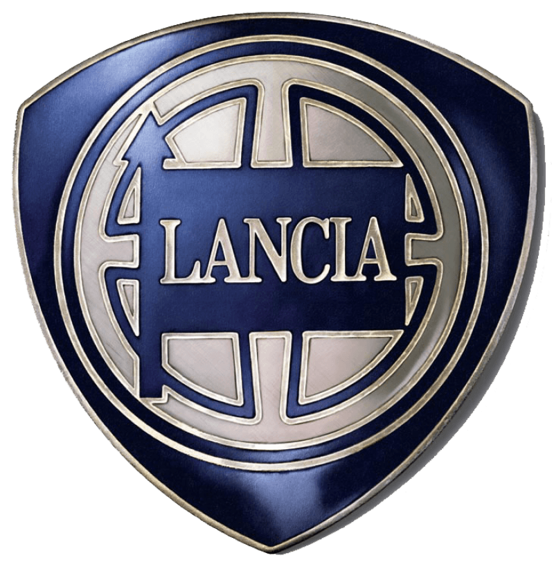 Lancia logo, blue shield with silver and blue details, the word Lancia.