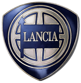 Lancia logo, blue shield with silver and blue details, the word Lancia.