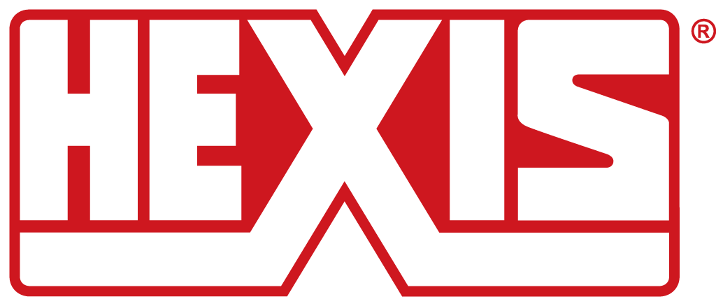 HEXIS logo in white letters with a red outline. The X has a stylized graphic. Registered symbol is on the upper right.