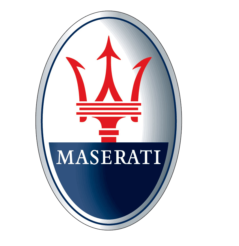 Maserati logo with a red trident over a blue and white oval. 