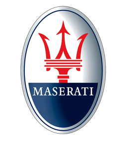 Maserati logo with a red trident over a blue and white oval. 