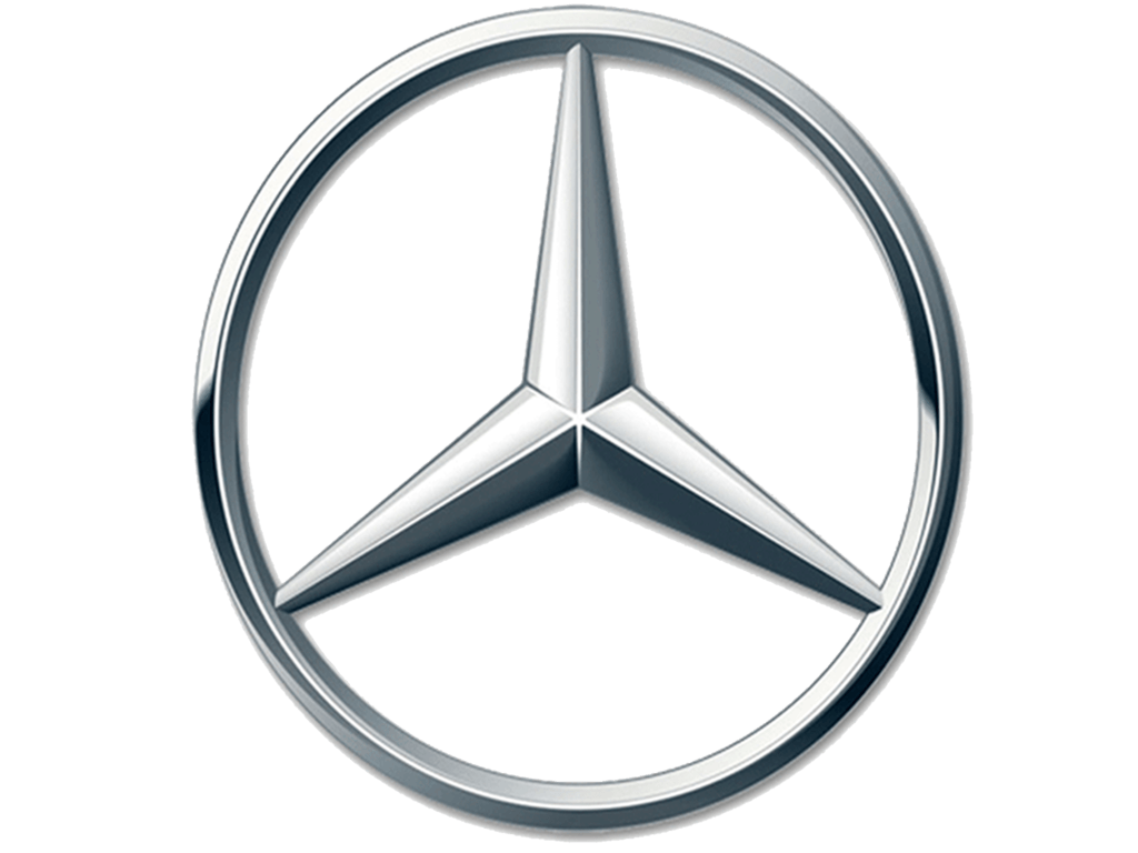 Mercedes-Benz logo: a silver three-pointed star within a silver circle.