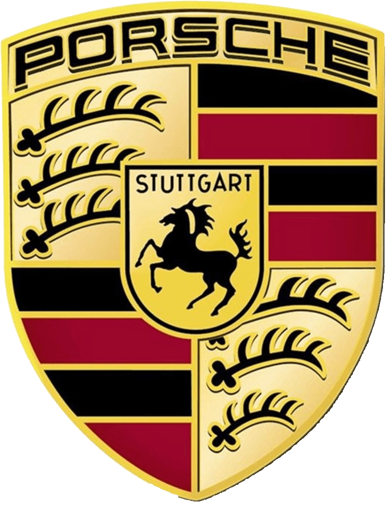 Porsche logo: gold shield with a black horse, 