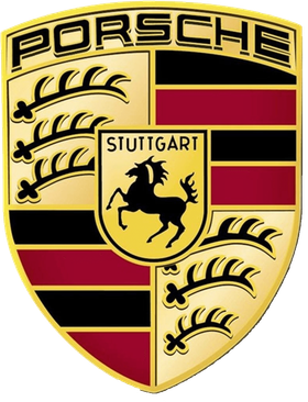 Porsche logo: gold shield with a black horse, 