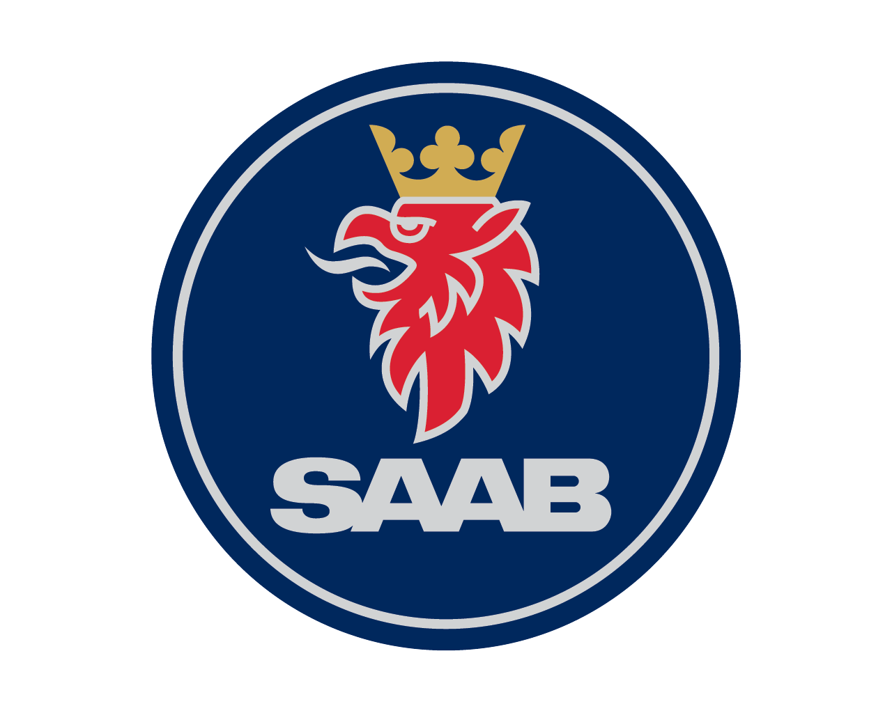 SAAB logo: Red griffin with a crown, inside a blue circle with the word 