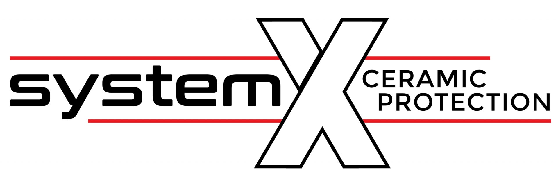 Logo for System X Ceramic Protection, with black text and a red line.