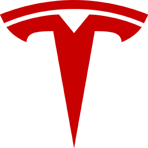 Red Tesla logo on a white background. Stylized letter 