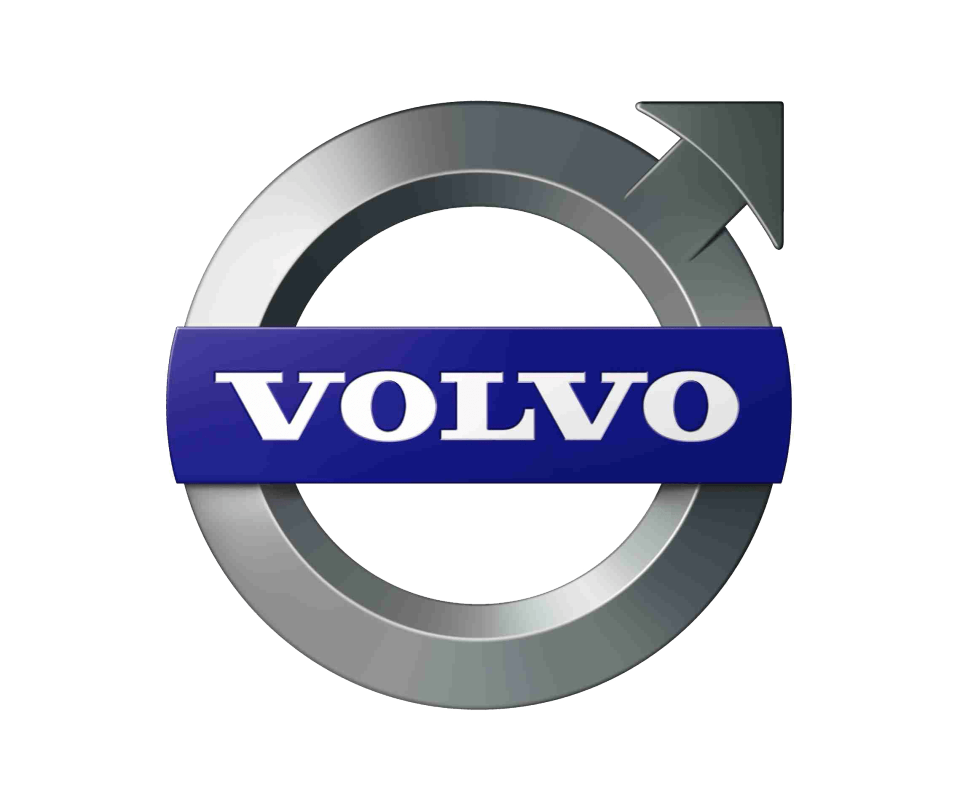 Volvo logo: silver circle with upward-pointing arrow; blue rectangle with 