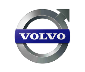 Volvo logo: silver circle with upward-pointing arrow; blue rectangle with 