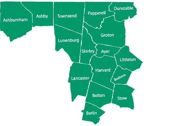 map of NABH service area: towns of Ashburnham, Ashby, Townsend, Pepperell, Dunstable, Lunenburg, Groton, Shirley, Ayer, Harvard, Littleton, Lancaster, Bolton, Boxborough, Stow, and Berlin Massachusetts