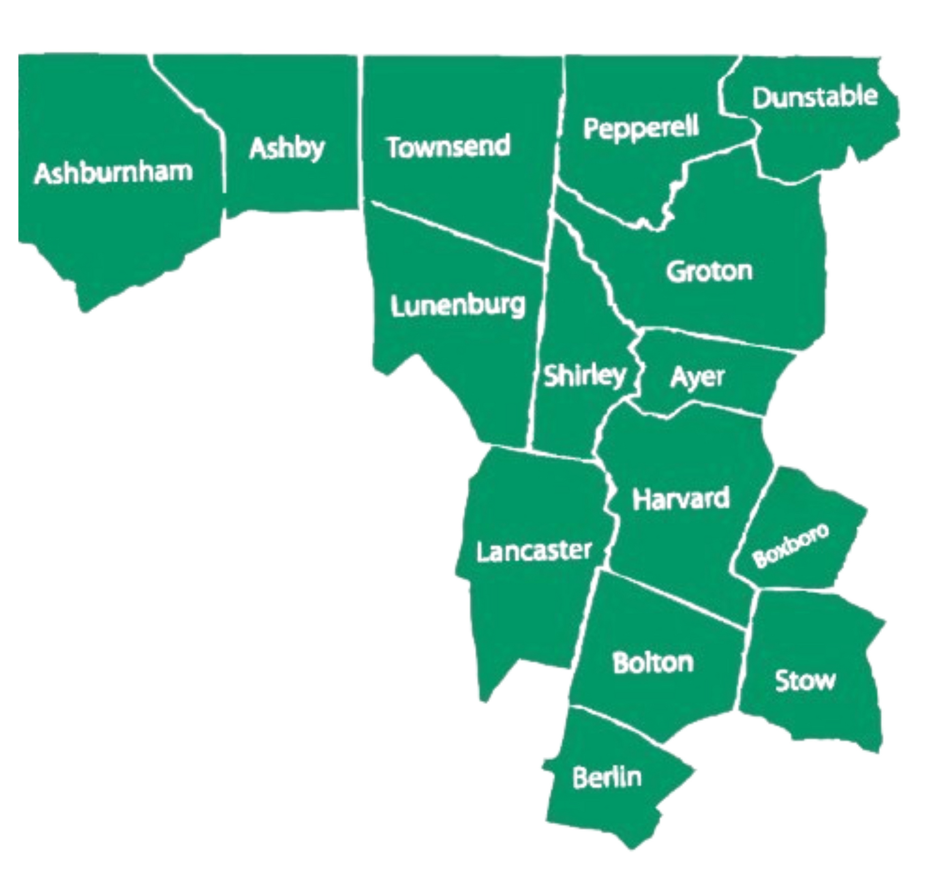 map of NABH service area: towns of Ashburnham, Ashby, Townsend, Pepperell, Dunstable, Lunenburg, Groton, Shirley, Ayer, Harvard, Lancaster, Bolton, Boxborough, Stow, and Berlin, and the community of Devens