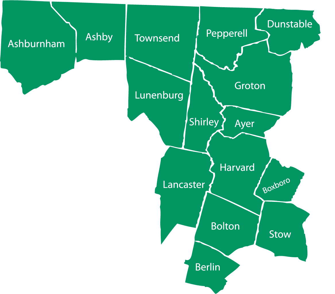 map of NABH service area: towns of Ashburnham, Ashby, Townsend, Pepperell, Dunstable, Lunenburg, Groton, Shirley, Ayer, Harvard, Lancaster, Bolton, Boxborough, Stow, and Berlin, and the community of Devens
