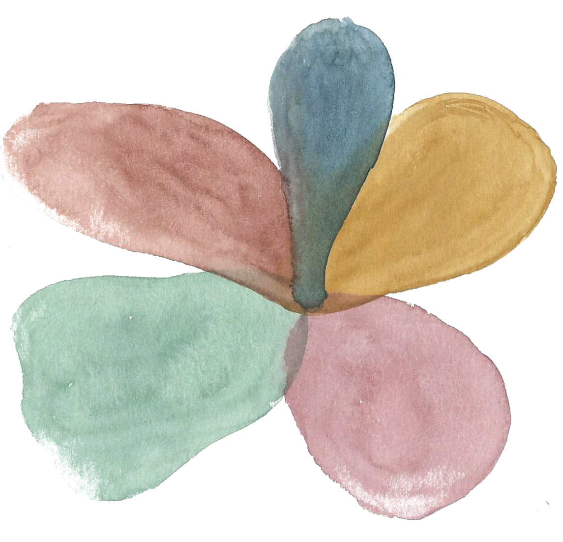 Abstract watercolor flower with five pastel petals in pink, yellow, blue, green, and rose