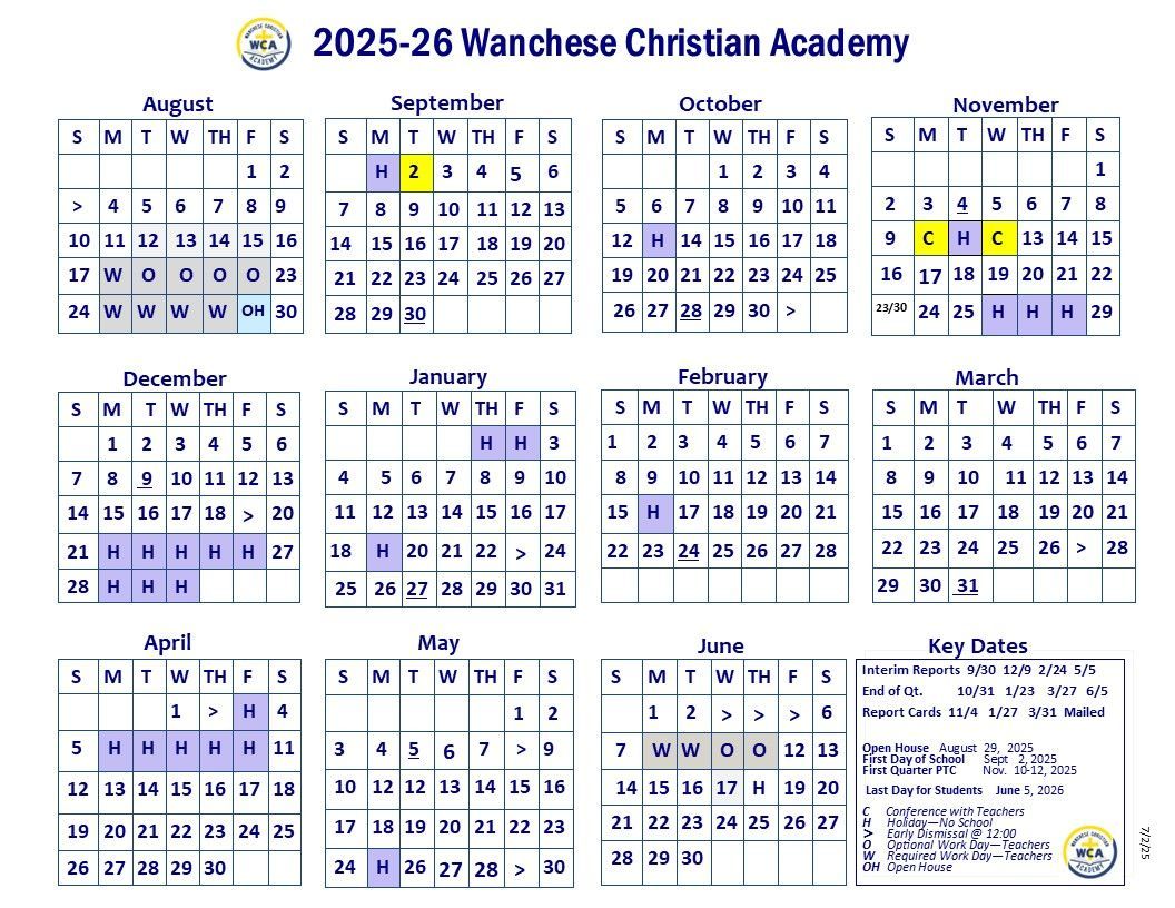 WCA 2025-2026 School Calendar
