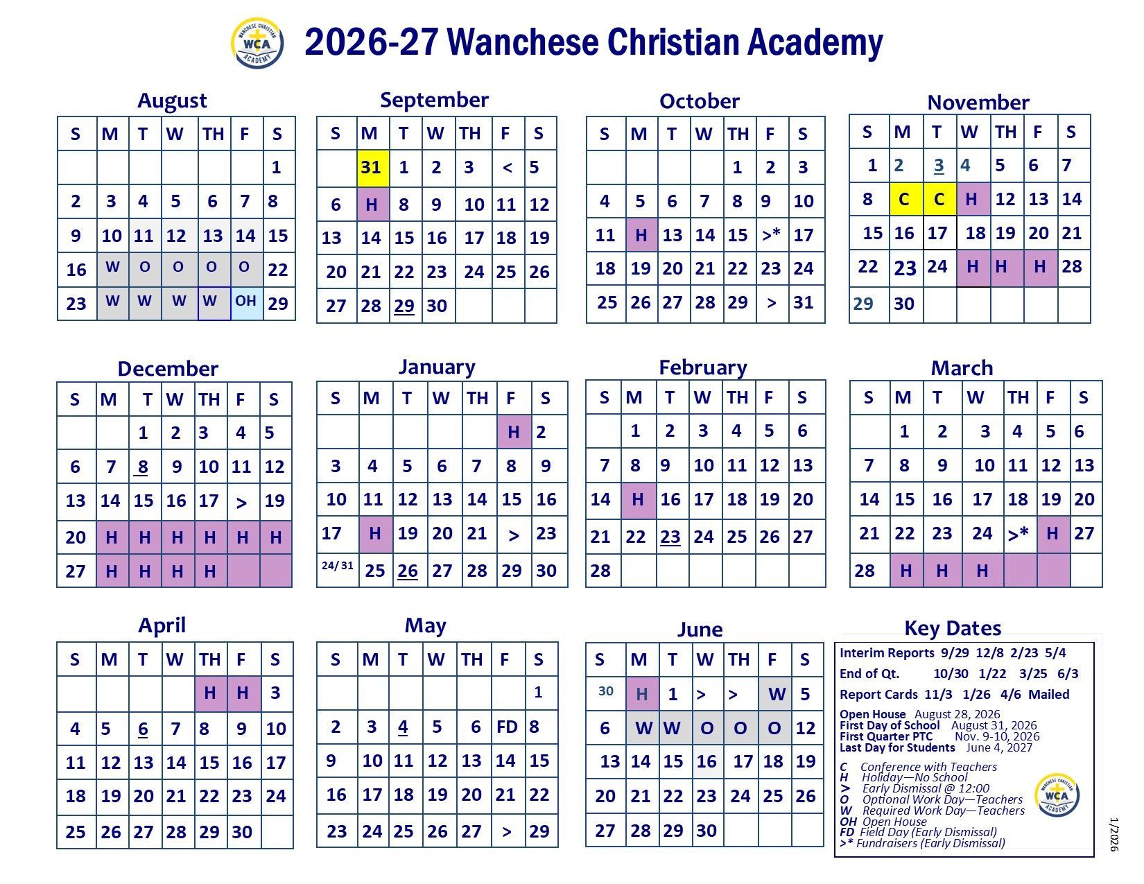 WCA 2025-2026 School Calendar