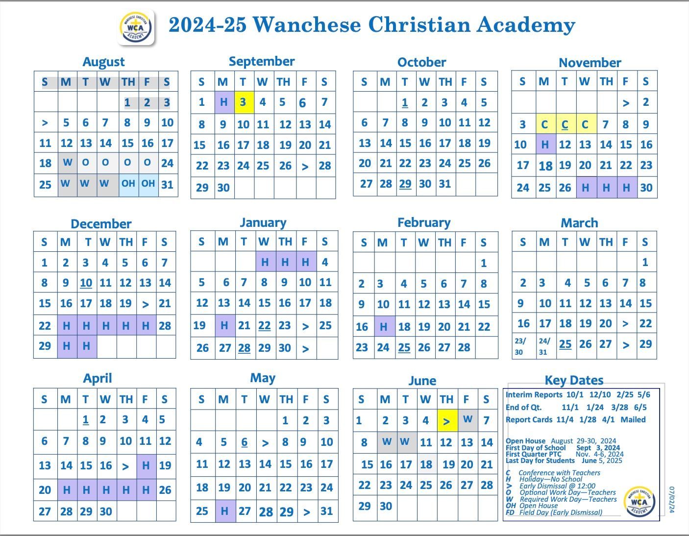 WCA 2024-2025 School Calendar