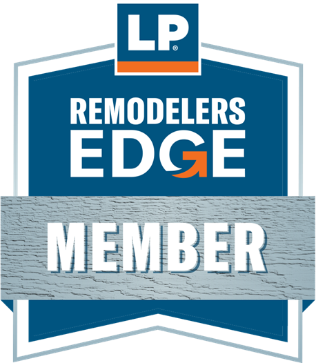 Blue badge logo for LP Remodelers Edge program, featuring the white text Blue badge logo for LP Remodelers Edge program, featuring the white text