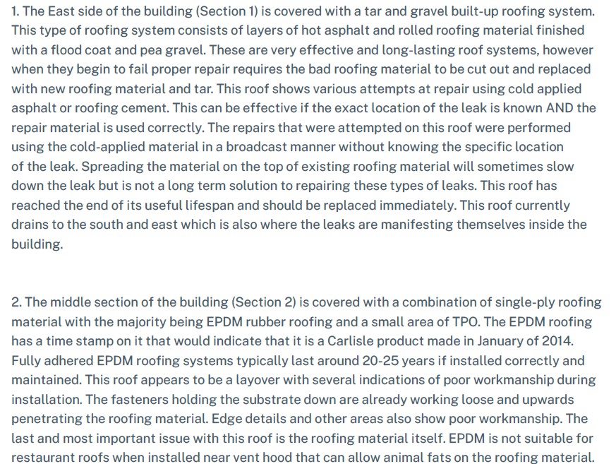 The east side of the building is covered with a roof and gravel built up roofing system.