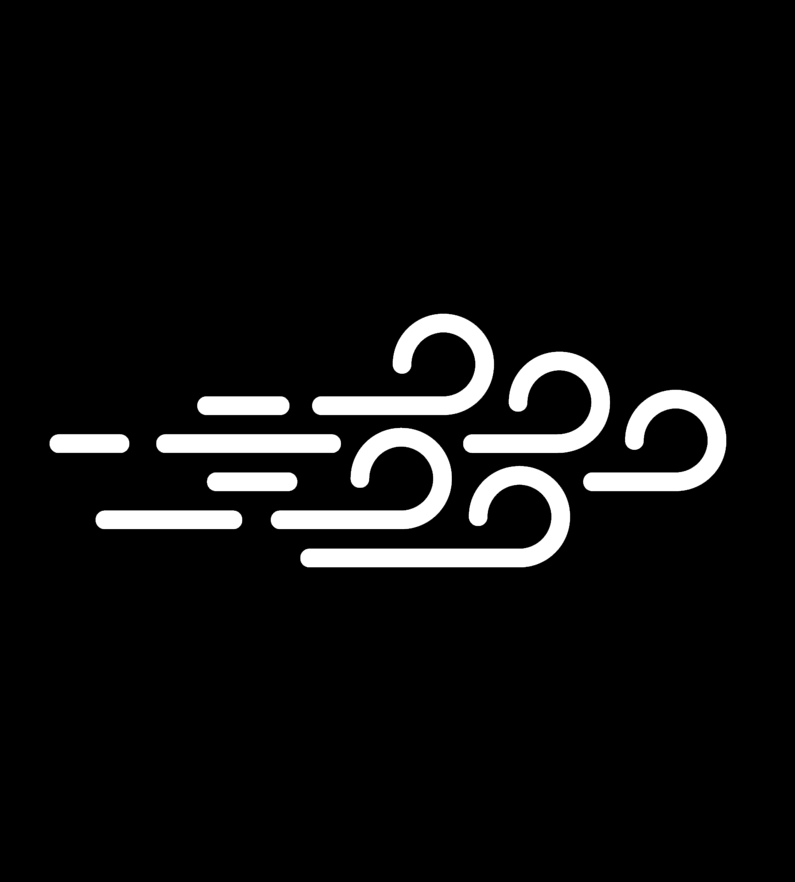 A white icon of a wind blowing on a black background.