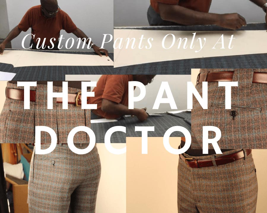 Custom pants advertisement with “The Pant Doctor” text and several plaid pant styles on a model