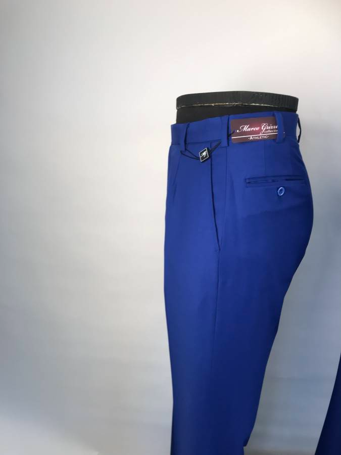 Blue dress pants with a black belt on a white background