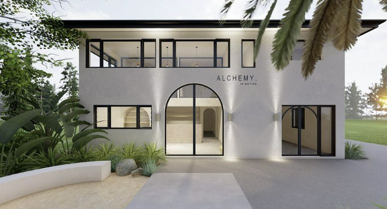 Two-story White Building With Black Windows & Arched Entrance — Architectural Glass Solutions QLD in Cooroy, QLD